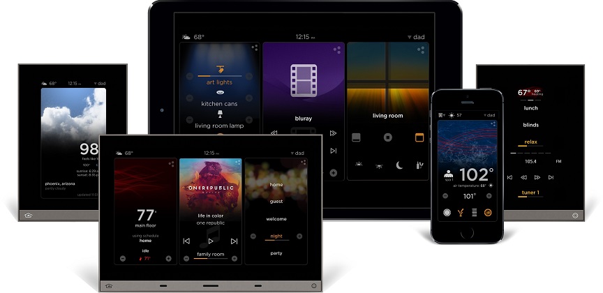 Ecosistema Equinox de Vantage Legrand mostrando la consistencia de la interfaz en dispositivos móviles y paneles táctiles de pared.