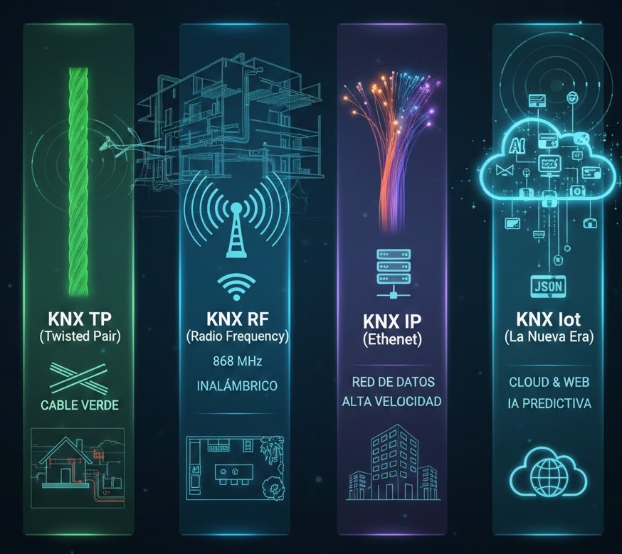 Descripción de los cuatro pilares de la tranmisón KNX : KNX TP (Twisted Pair, KNX RF (Radio Frequency), KNX IP (Ethernet), KNX IoT (La Nueva Era)