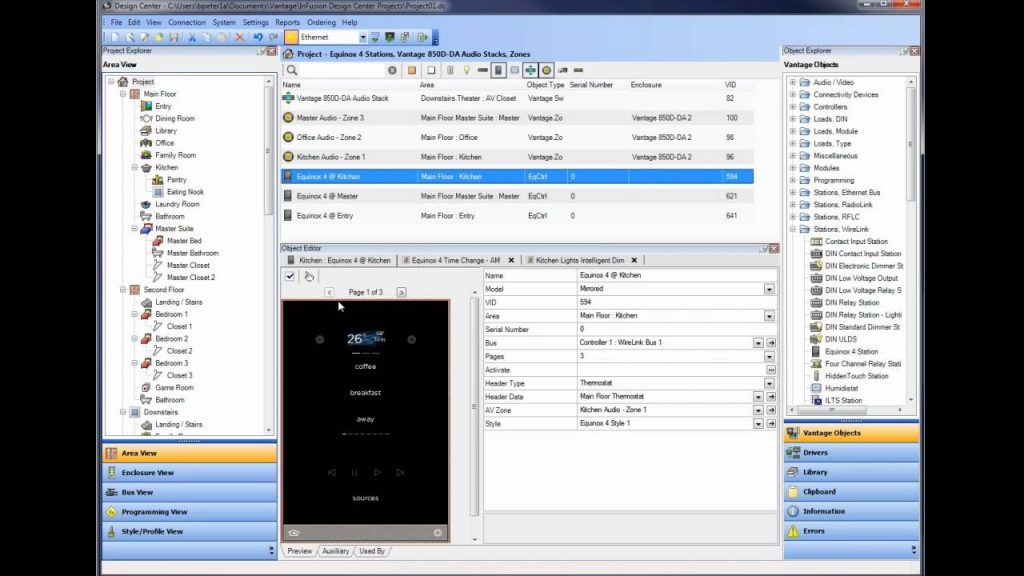 Software Desig Center para el Control centralizado de iluminación y clima en una villa de gran escala mediante el sistema Vantage.